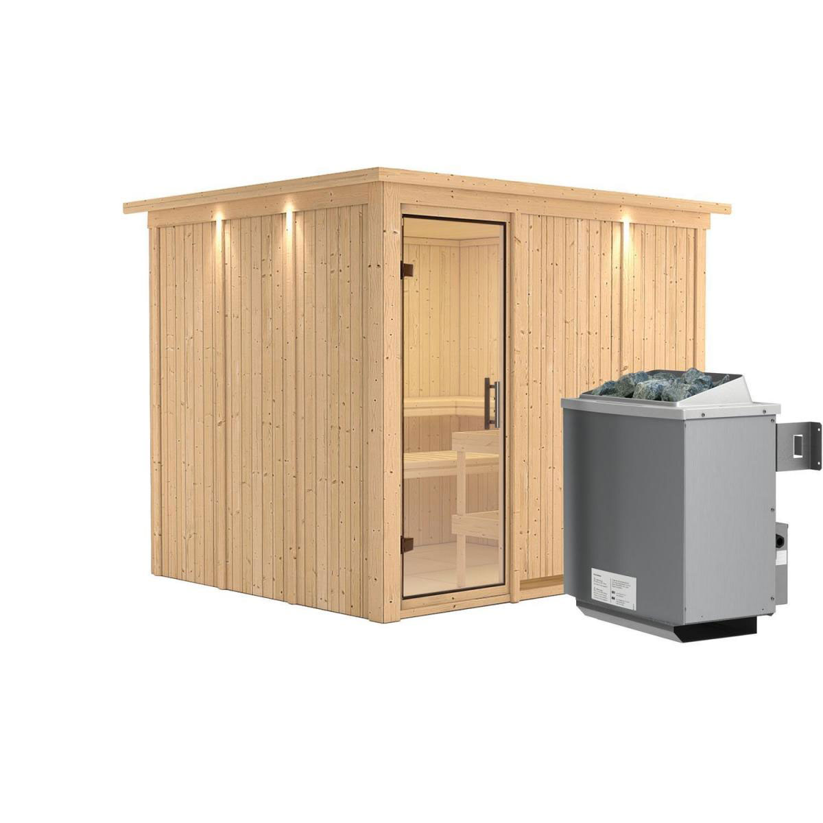 Karibu Sauna Gobin Fronteinstieg 9 kW Ofen integr Strg mit Kranz Klarglas-Tür Bild 1