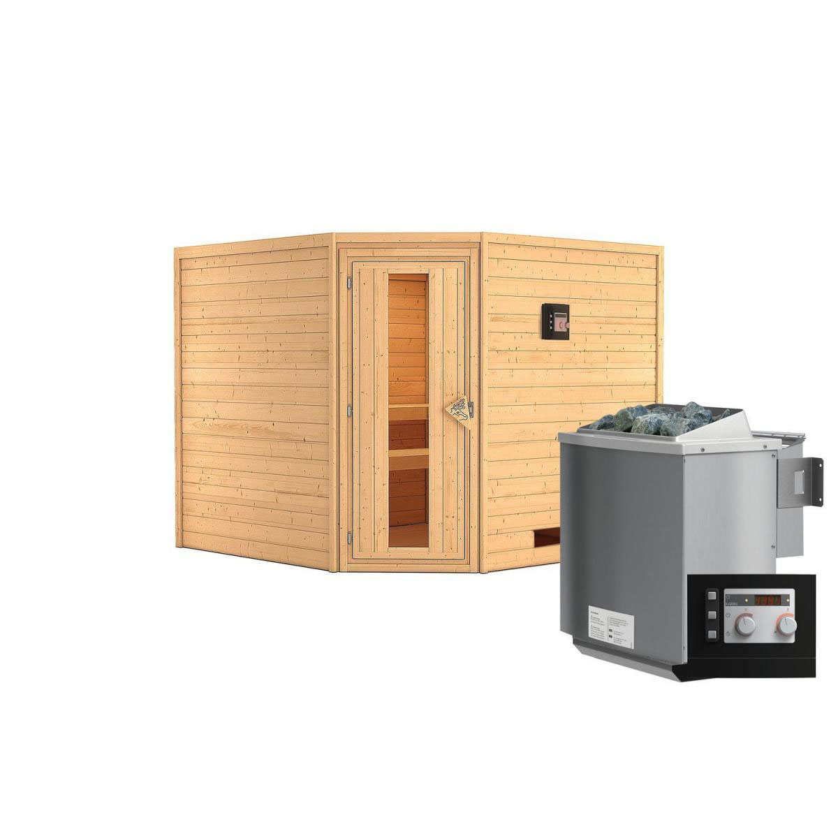 Karibu Sauna Leona Eckeinstieg 9 kW Bio Ofen externe Strg modern kein Kranz Energiespartür
