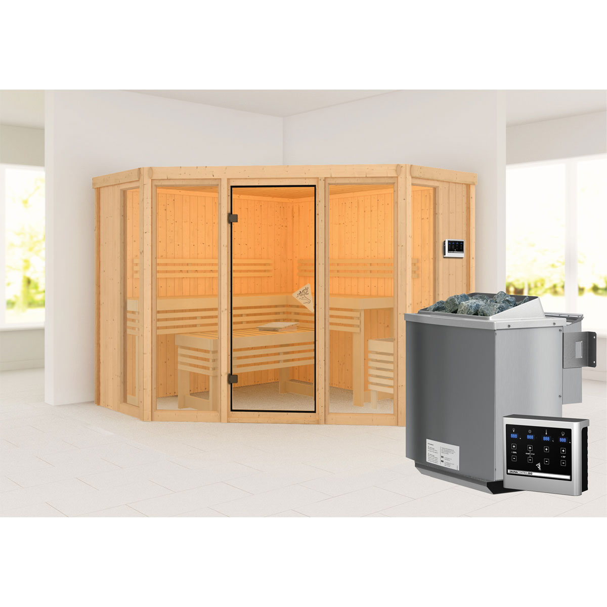 Karibu Sauna Alcinda 2 naturbelassen Bio externe Steuerung ohne Dachkranz Bild 1