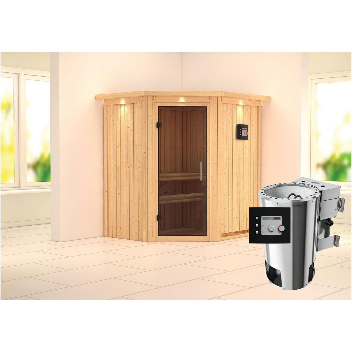 Karibu Sauna Tonja Eckeinstieg 3,6 kW Bio Ofen externe Strg modern mit Kranz graphitfarbene Glastür Bild 9