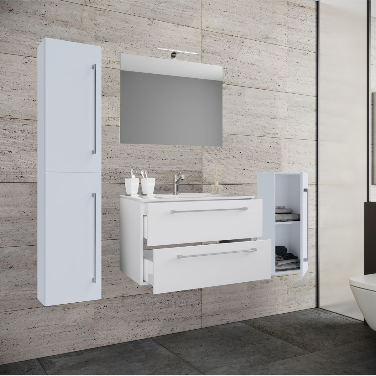 Waschplatz 80 cm 5-teiliges Set 2 Schubfächer mit Spiegel weiß