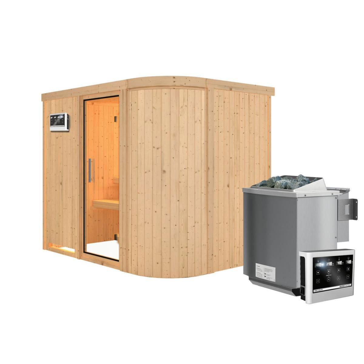 Karibu Sauna Titania 4 Fronteinstieg 9 kW Bio Ofen kein Kranz Klarglas-Tür Bild 1