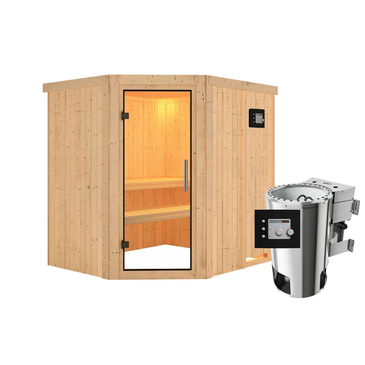 Karibu Sauna Lilja Eckeinstieg 3,6 kW Bio Ofen kein Kranz Klarglas-Tür Bild 1