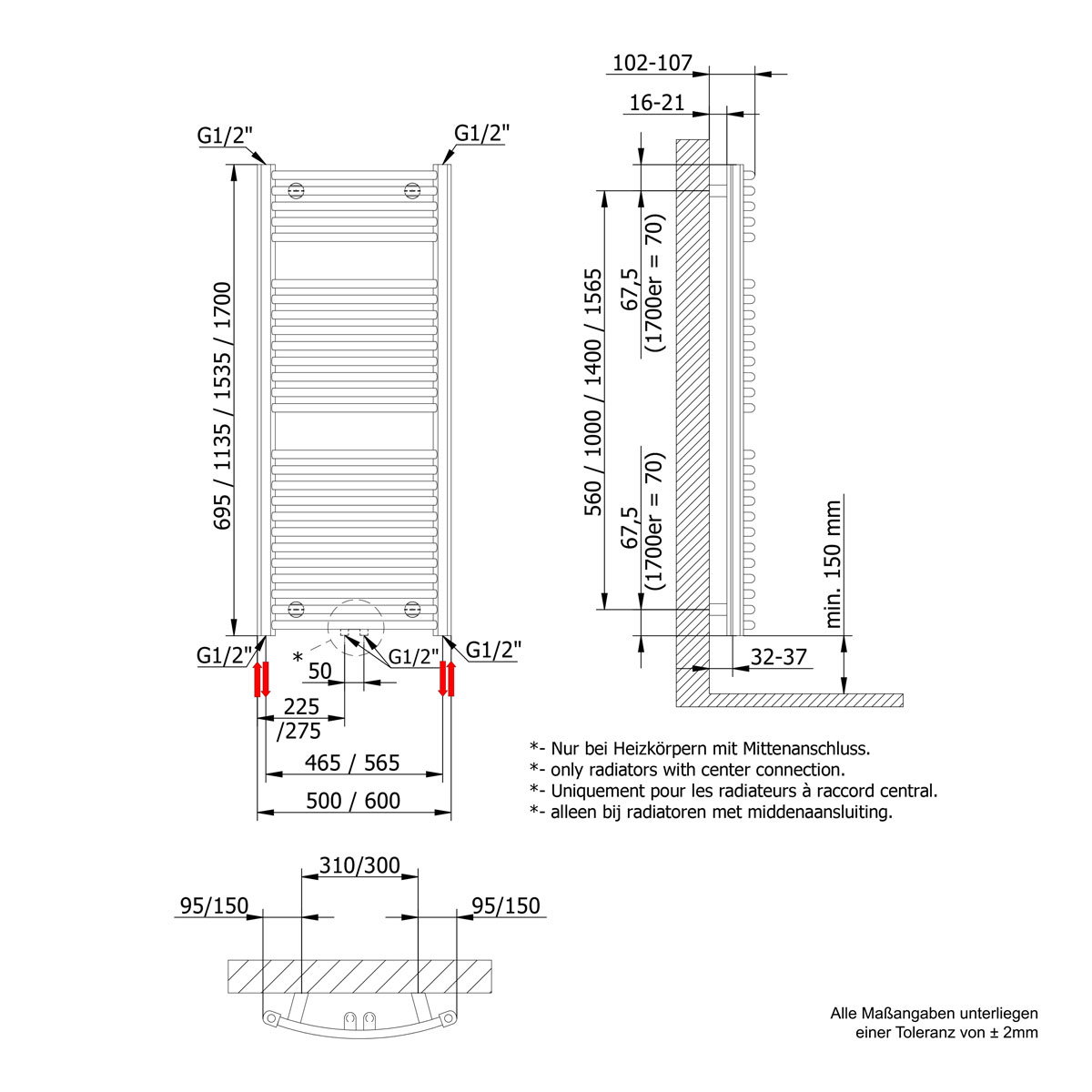 Schulte  Handtuchwärmekörper Europa steckerfertig inklusive Heizstab 1 Anschluss links 60 cm x 113,5 cm Bild 3