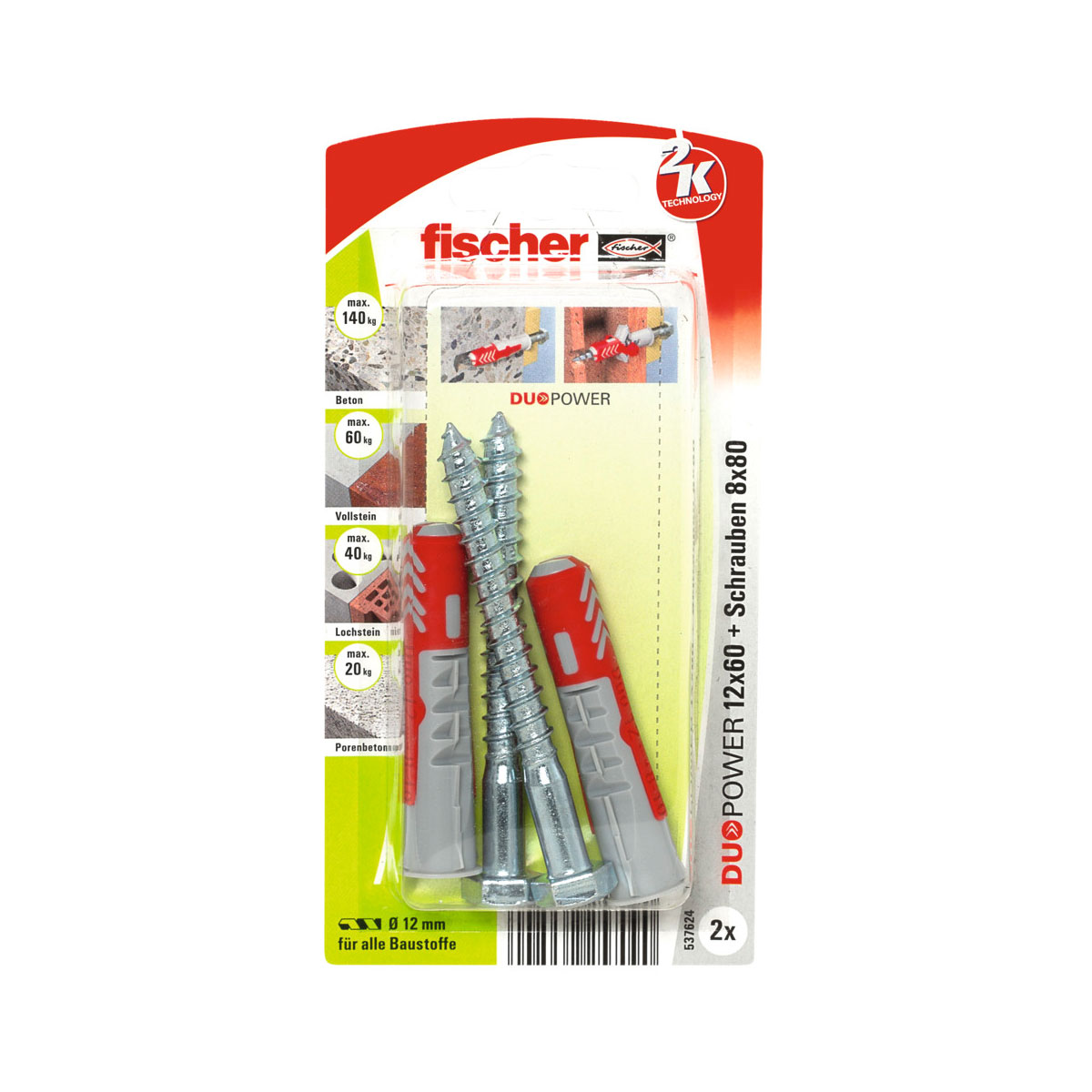 Fischer  Dübel DuoPower 12 x 60 mm mit Schraube 2 Stück Bild 1