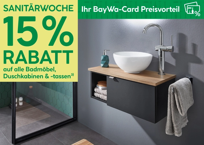 Sanitärwoche: 15 Prozent Rabatt auf alle Badmöbel, Duschkabinen und Duschtassen
