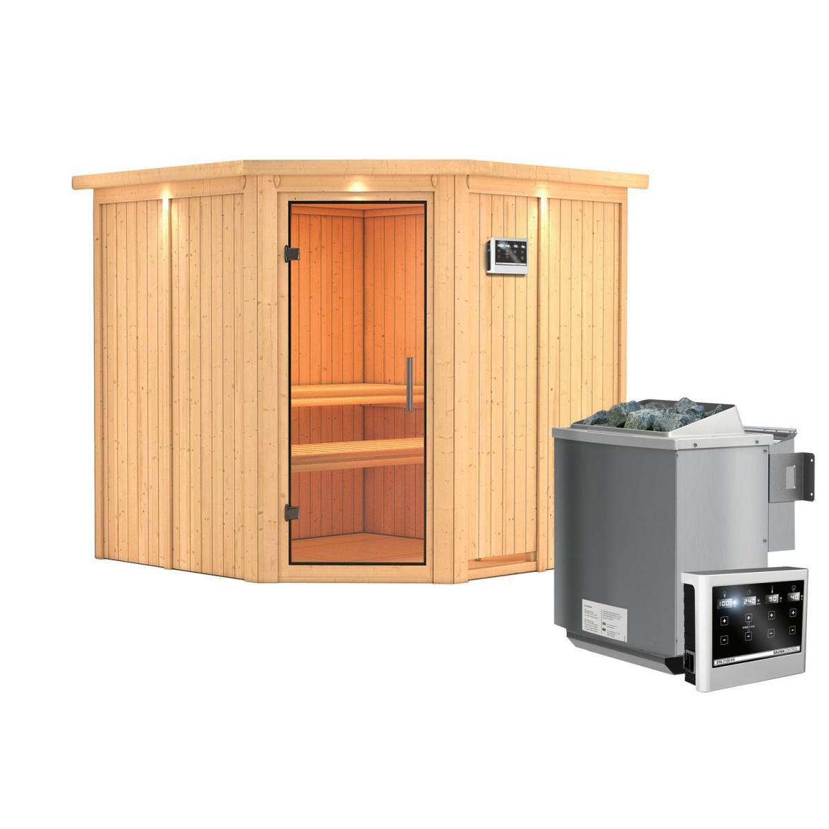 Karibu Sauna Jarin Eckeinstieg 9kW Bio Ofen mit Kranz Klarglas-Tür Bild 1