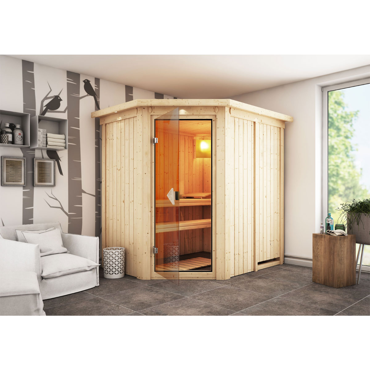 Karibu Systemsauna Saja 68 mm ohne Ofen mit Dachkranz