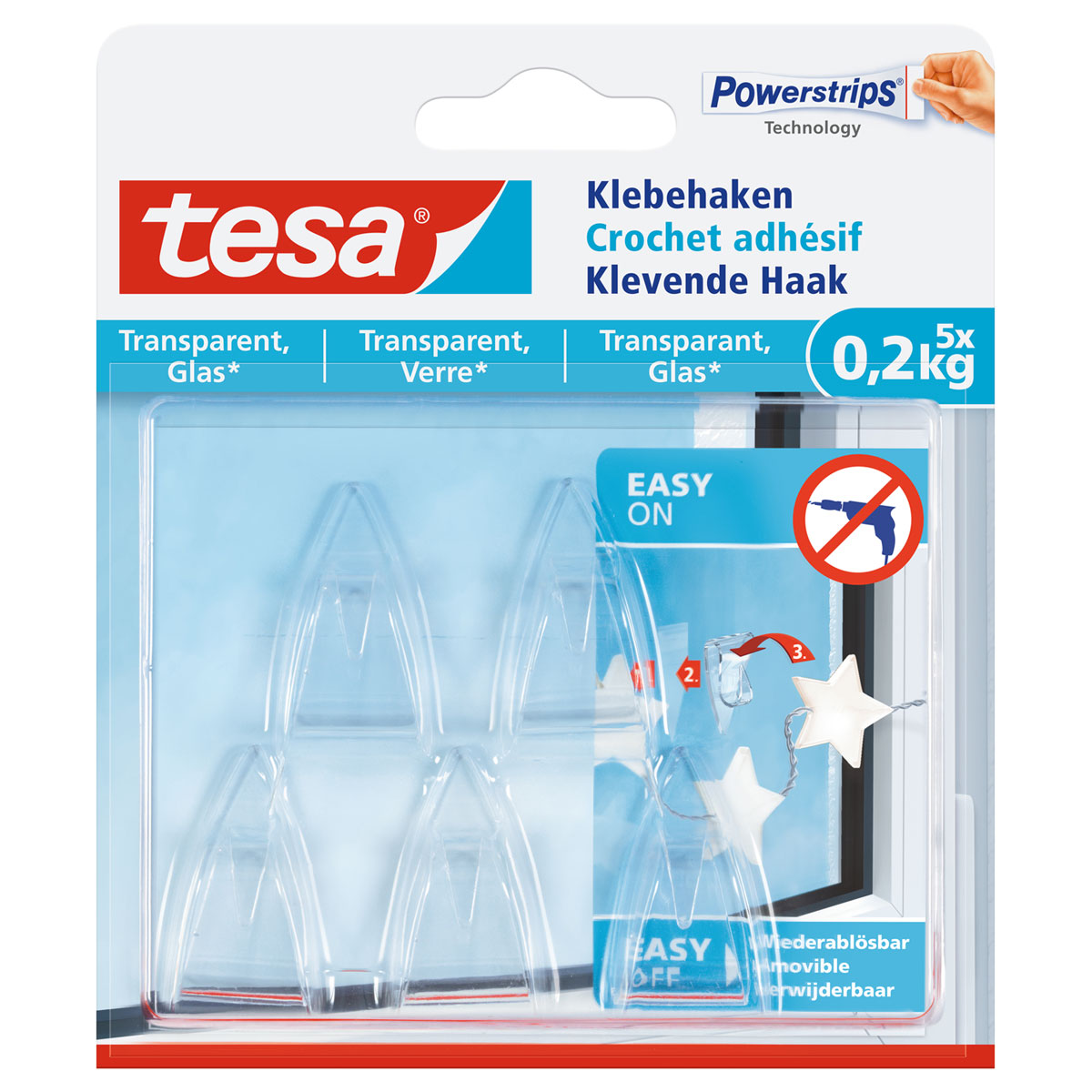 Tesa Klebehaken transparent Glas 5 Stück Traglast 5 x 0,2 kg