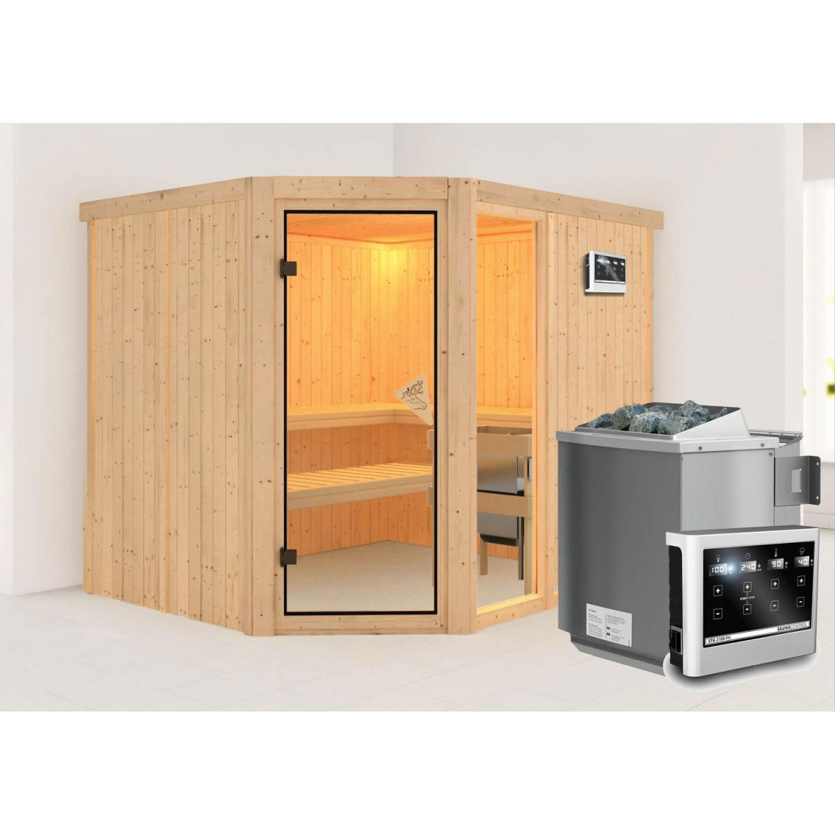 Karibu Systemsauna Fiona 3 68 mm 9 kW Ofen Bio externe Strg ohne Dachkranz Bild 1