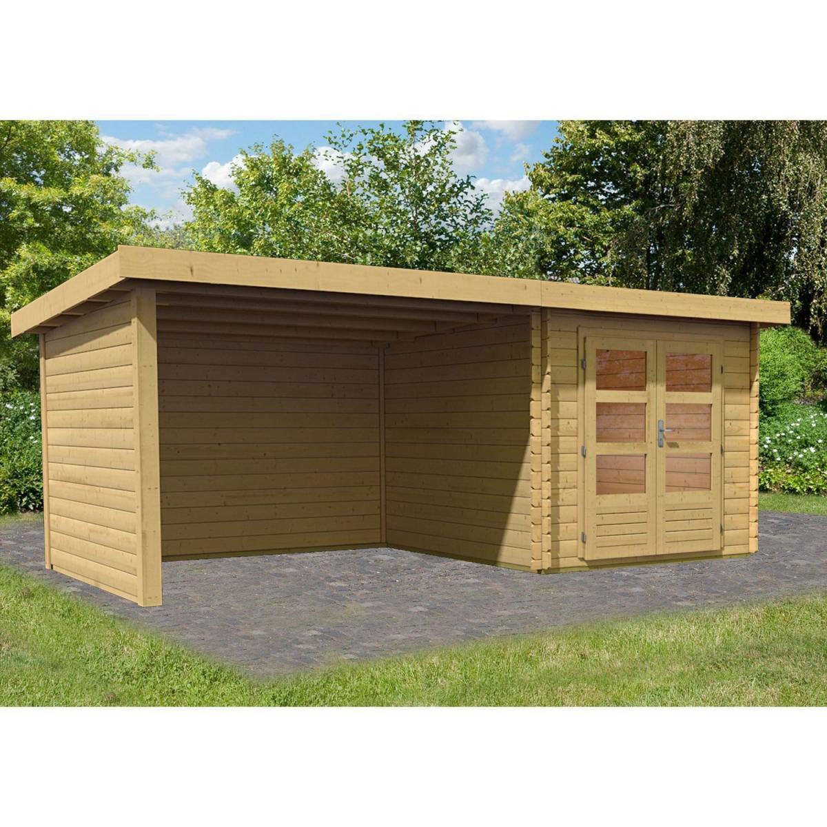 Karibu Gartenhaus Bastrup mit Schleppdach 300 cm und Seiten-/Rückwand naturbelassen 297 x 297 x 222 cm Bild 2