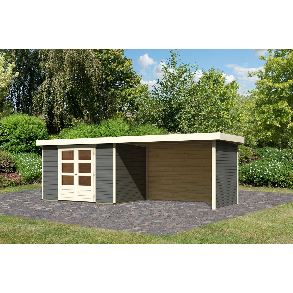 Karibu  Gartenhaus Askola 4 terragrau mit Anbaudach und Seiten