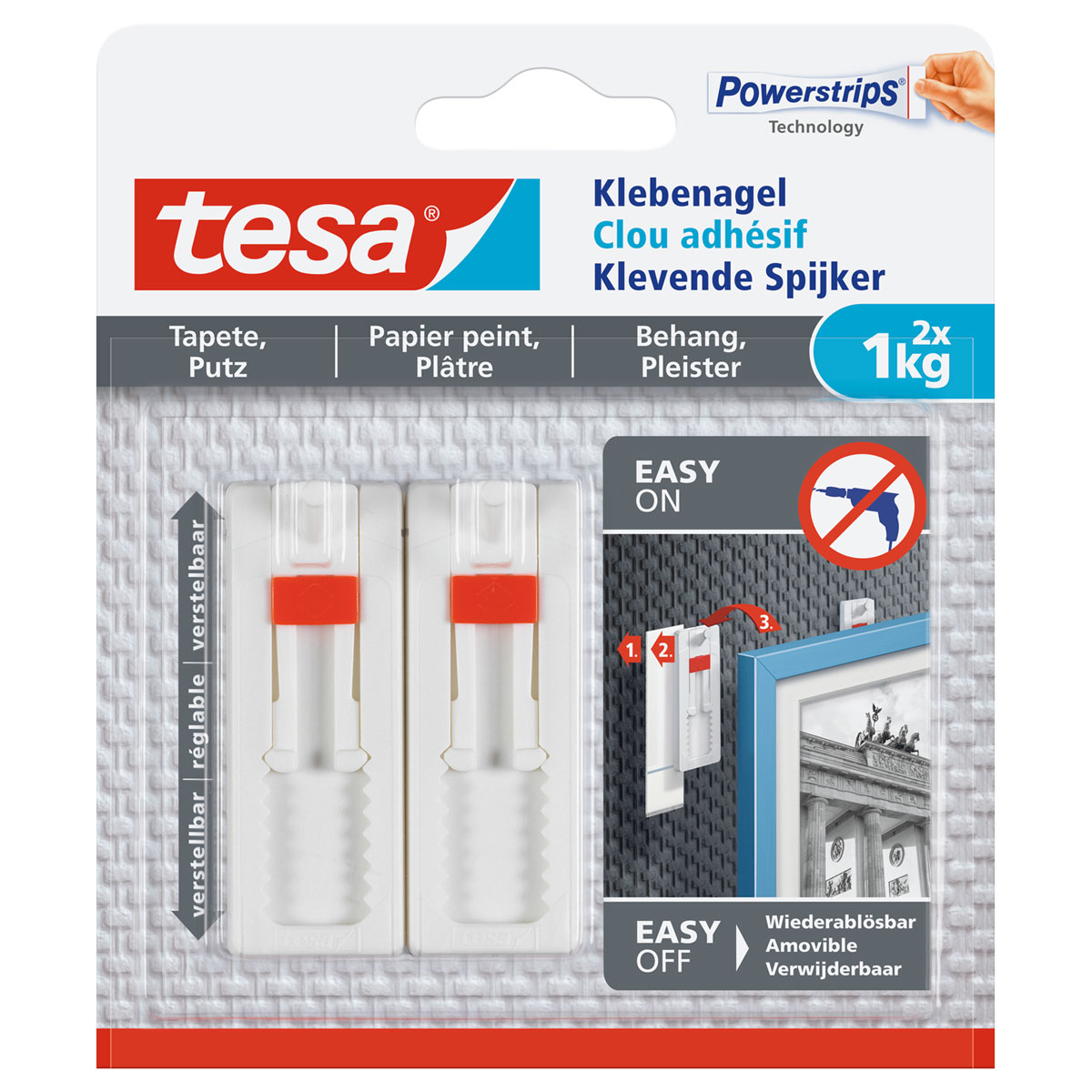 Tesa Klebenagel für Tapete und Putz verstellbar 2 Stück Traglast 2 x 1 kg